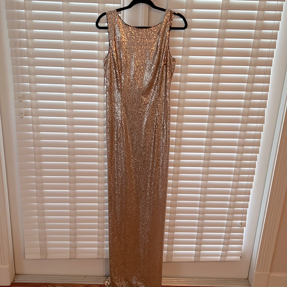Gold sequin floor length draped back gown